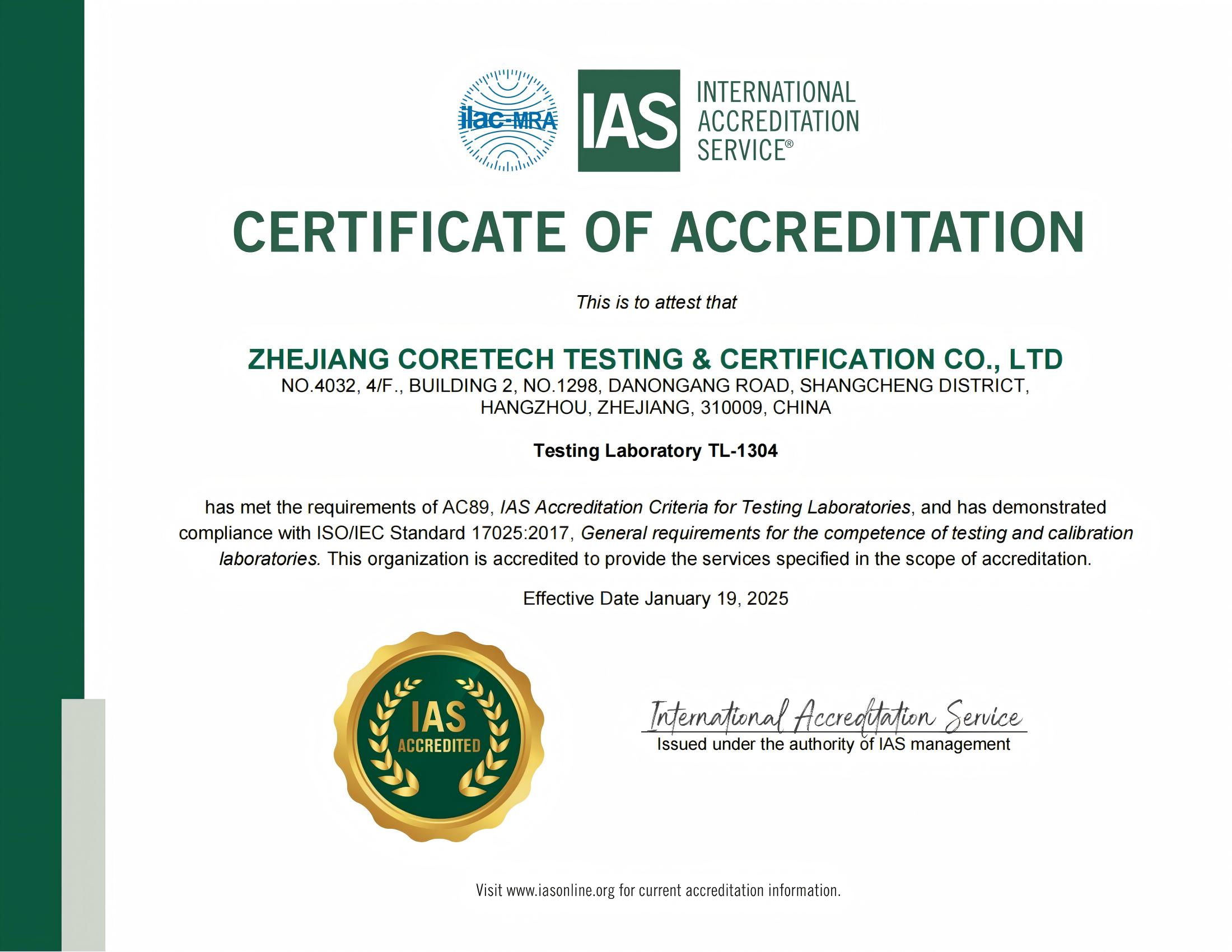 IAS Accreditation Certificate
